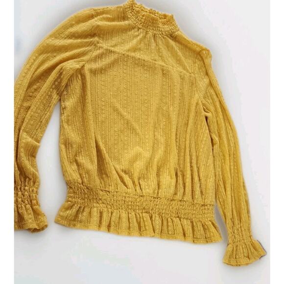 ADRIANNA PAPELL Mustard Yellow Collared Lace Long sleeve blouse Large Fall Sheer - Picture 1 of 12